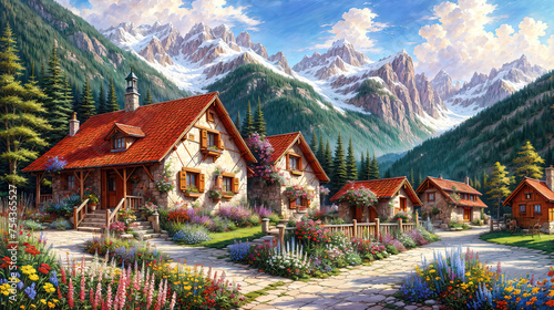 Idyllic countryside summer landscape with wooden old houses, beautiful flowers and trees with the Alp mountains in the background, oil painting on canvas