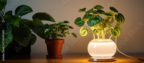 A plant in a white vase sits next to a potted plant under the warm glow of a table lamp. The greenery adds a touch of nature to the indoor space.