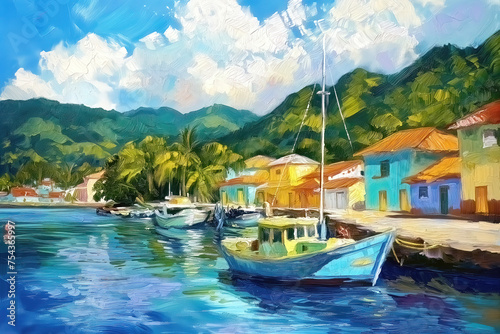Atmospheric landscape of a small town by the caribbean sea, oil painting illustration