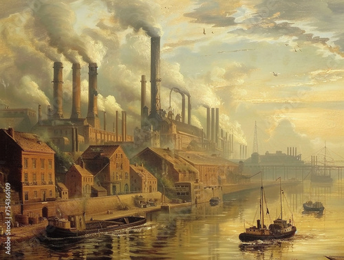 A black and white image depicting the transformation of economies during the Industrial Revolution.