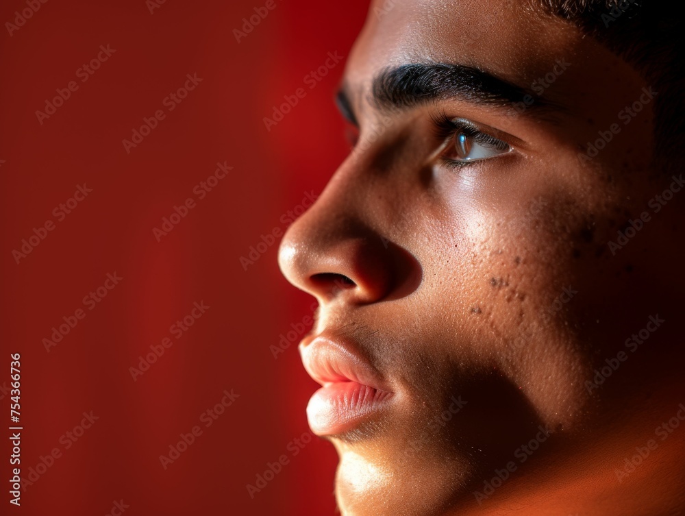 A close up view of a multiracial mans face against a vibrant red background A close up view of a multiracial mans face against a vibrant red background
