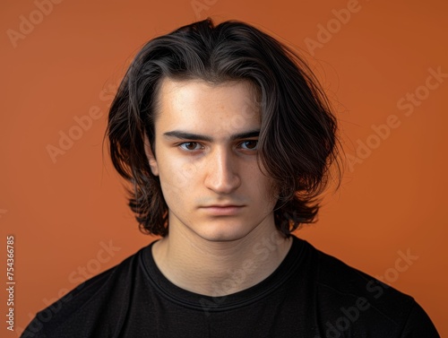 A multiracial man with long hair is wearing a black shirt