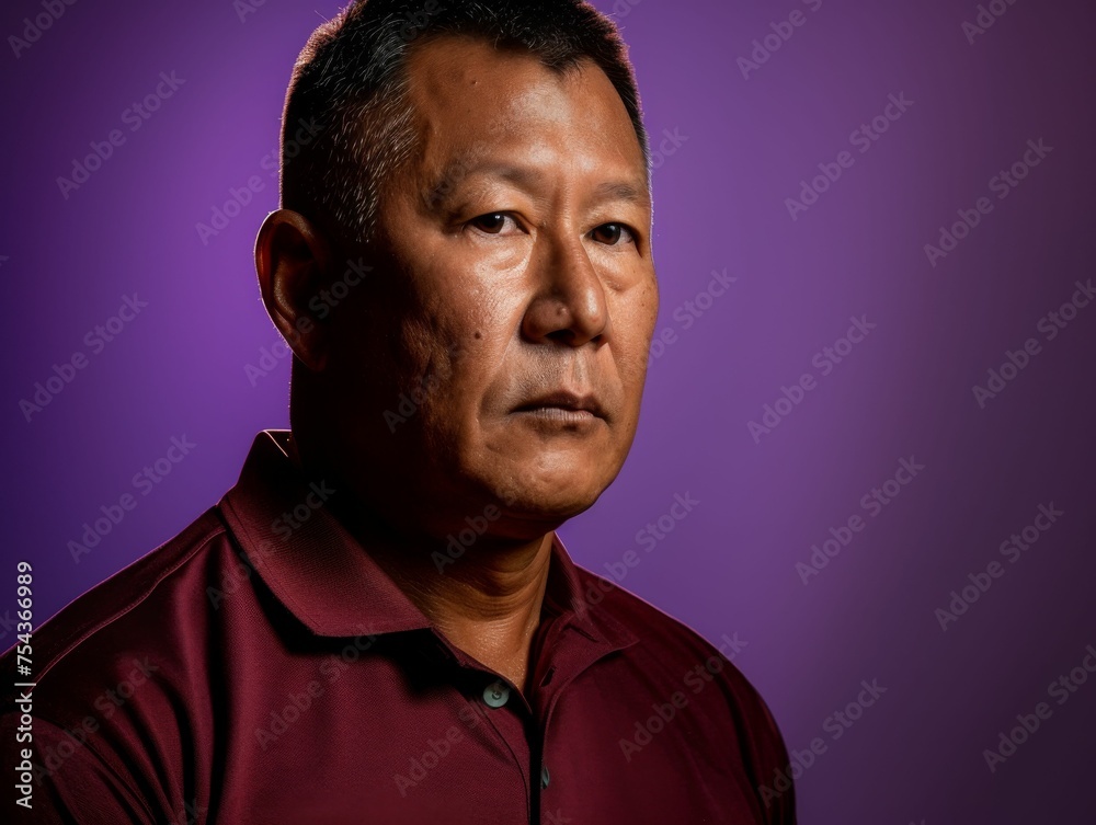 A multiracial man wearing a red shirt confidently stares at the camera A multiracial man wearing a red shirt confidently stares at the camera