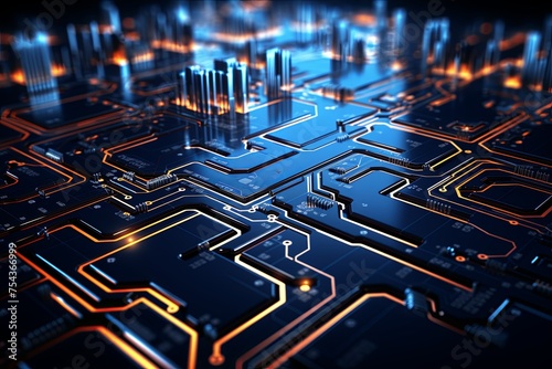 Electronic circuit board or computer microchip futuristic technology background with cityscape