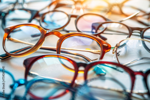 A variety of close-up glasses. Reflection of fashion trends and individuality in the choice of accessories