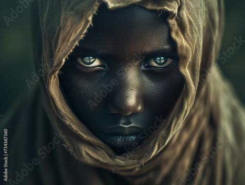 A multiracial person with a hood covering their head, revealing stunning blue eyes