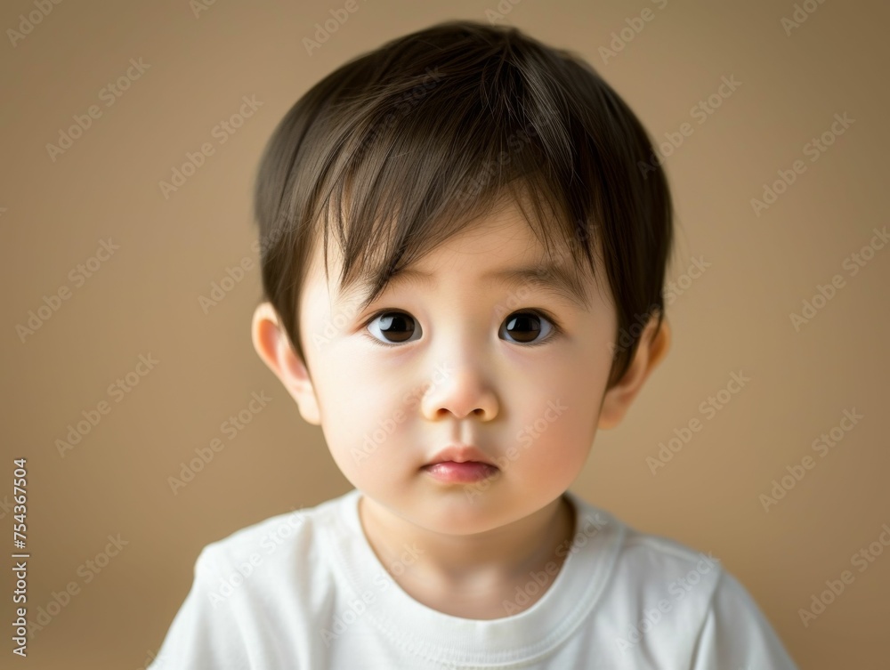 A small child wearing a white shirt stands against a plain brown background A small child wearing a white shirt stands against a plain brown background