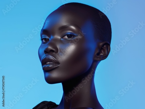 A close-up of a multiracial womans face against a vibrant blue background