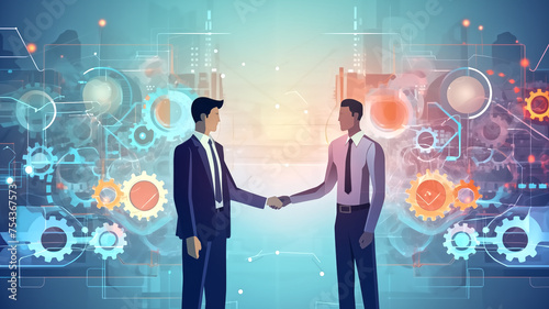 Two businessmen engaging in a handshake in front of a complex backdrop with interconnected gears and floating data points, representing partnership and strategy. 