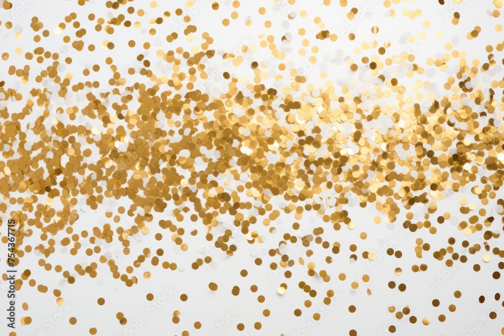 Golden confetti on white background. Festive, party or holiday glitter white background with gold confetti flakes and splatters on it Golden confetti on white background. Festive, party or holiday glitter white background with gold confetti flakes and splatters on it