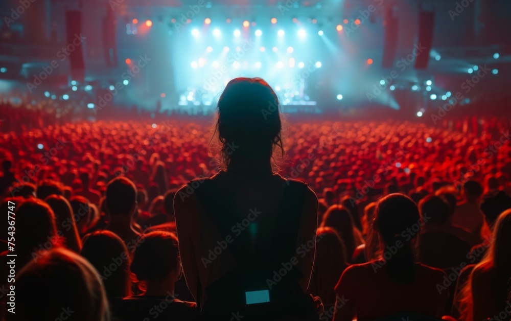 A woman stands confidently in front of a diverse crowd at a lively concert, engaging with the audience A woman stands confidently in front of a diverse crowd at a lively concert, engaging with the audience
