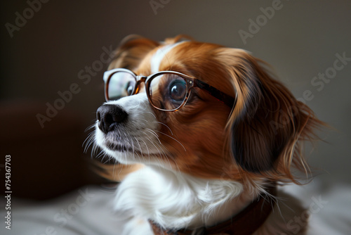 Sophisticated dog wearing stylish glasses and a brown collar, showcasing breed charm