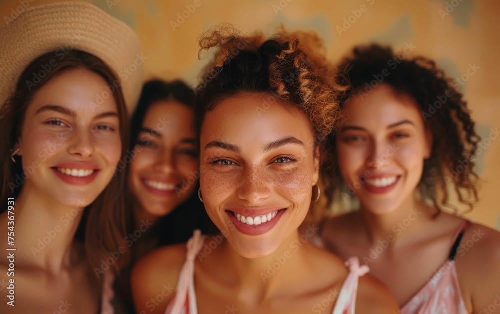 Fototapeta premium A diverse group of women of different ethnicities standing side by side in a row