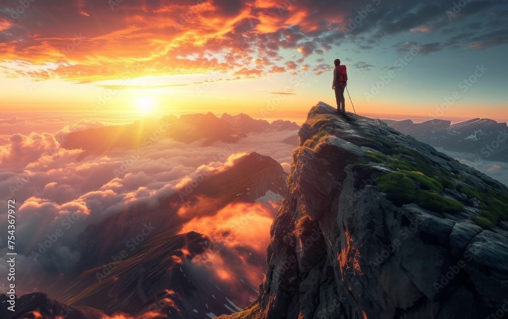A multiracial person is standing on the summit of a mountain, looking out at the vast landscape below