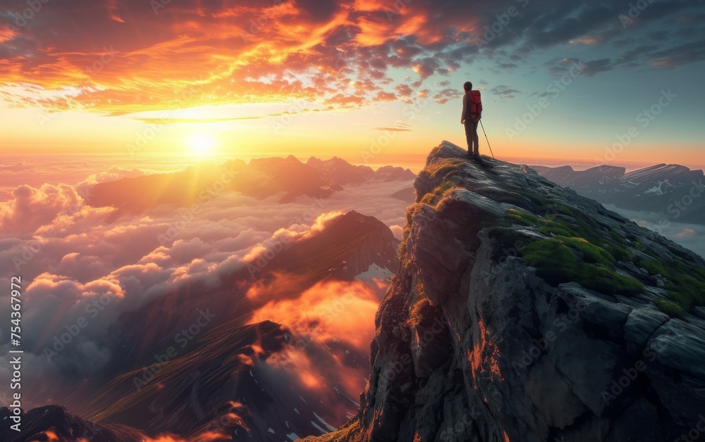 A multiracial person is standing on the summit of a mountain, looking out at the vast landscape below A multiracial person is standing on the summit of a mountain, looking out at the vast landscape below