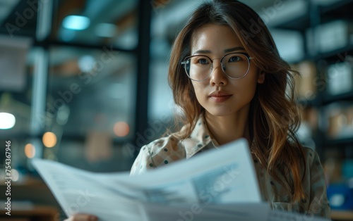 A multiracial woman wearing glasses is focused on reading a piece of paper