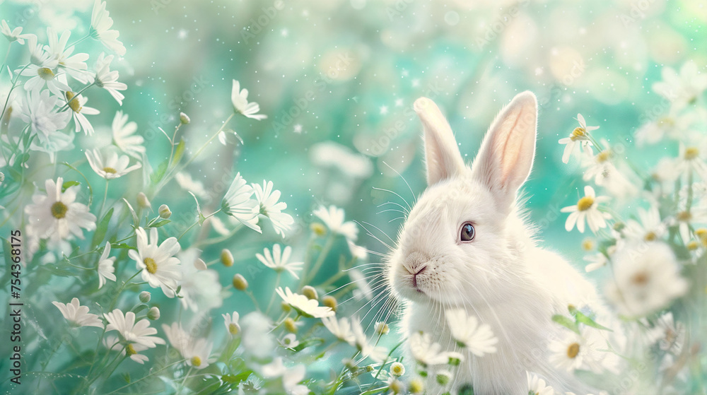 Easter Bunny and Flowers Banner Cover Background with text Space for Greeting or Social media Post. Pascha Fest. Neo Art Cards E V 3 11