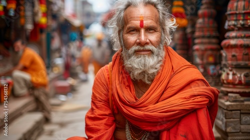 A multiracial man with a white beard wearing an orange outfit