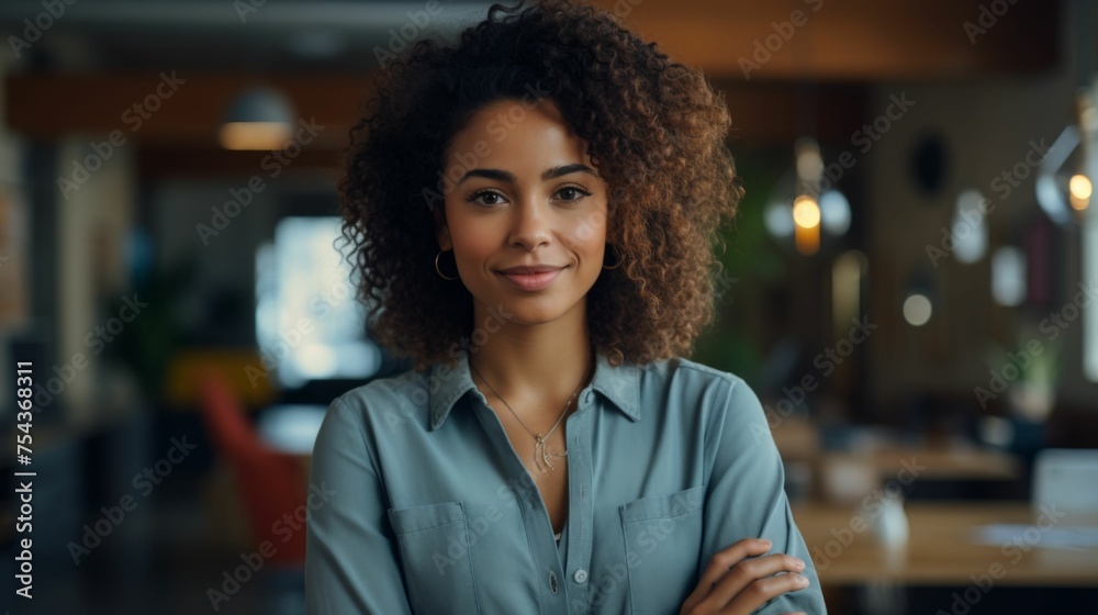 A multiracial woman stands with her arms crossed in a confident posture A multiracial woman stands with her arms crossed in a confident posture