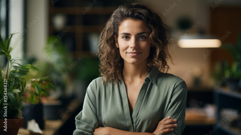 A multiracial woman standing with her arms crossed in an office setting - obrazy, fototapety, plakaty 