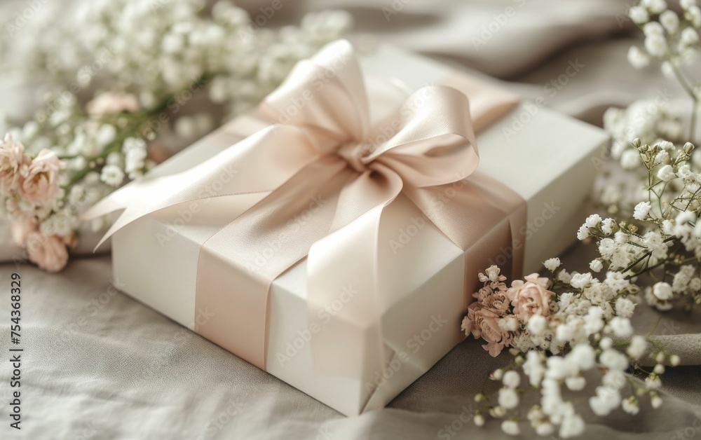A white present box with a pink bow on top, showcasing a simple and elegant gift wrapped in delicate colors A white present box with a pink bow on top, showcasing a simple and elegant gift wrapped in delicate colors