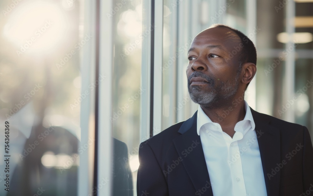 A multiracial man standing in front of a transparent glass wall, looking outwards A multiracial man standing in front of a transparent glass wall, looking outwards