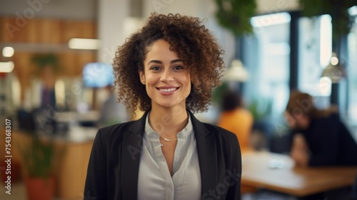A multiracial woman standing in an office with a joyful expression on her face