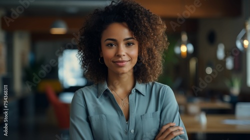 A multiracial woman stands with her arms crossed in a confident posture