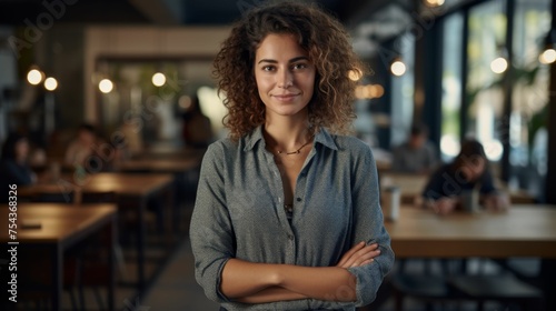 A multiracial woman standing with her arms crossed inside a restaurant