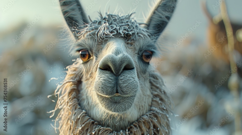 Fototapeta premium A charming close-up of a llama's face, with snowflakes clinging to its wool, capturing the curious gaze of this friendly animal in winter.