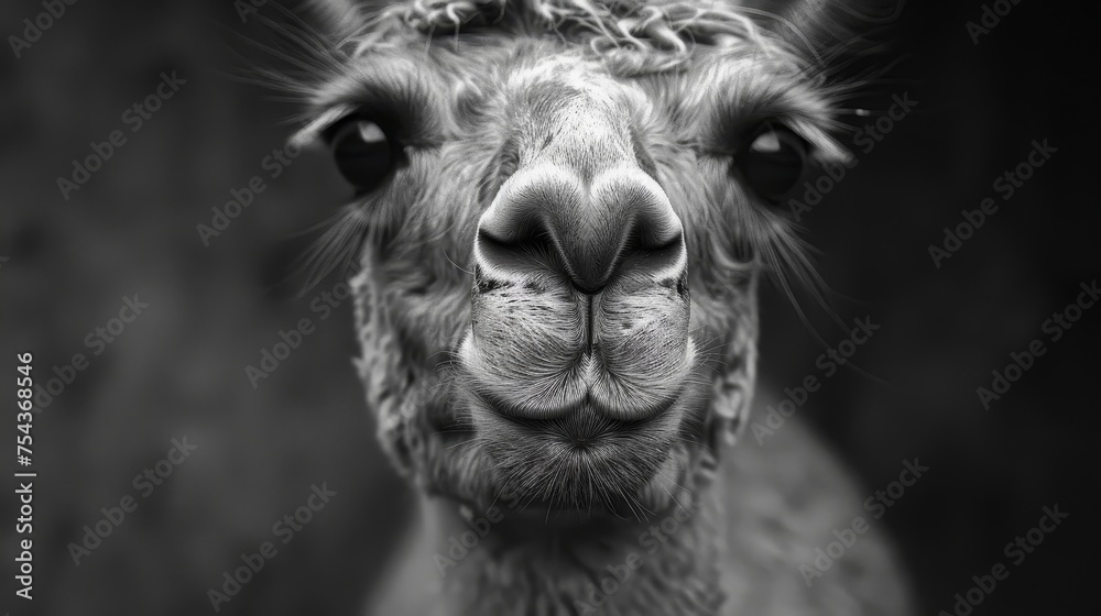 Fototapeta premium A monochrome portrait of a llama, with a focus on its whimsical facial features and the textured detail of its wool, exuding personality.
