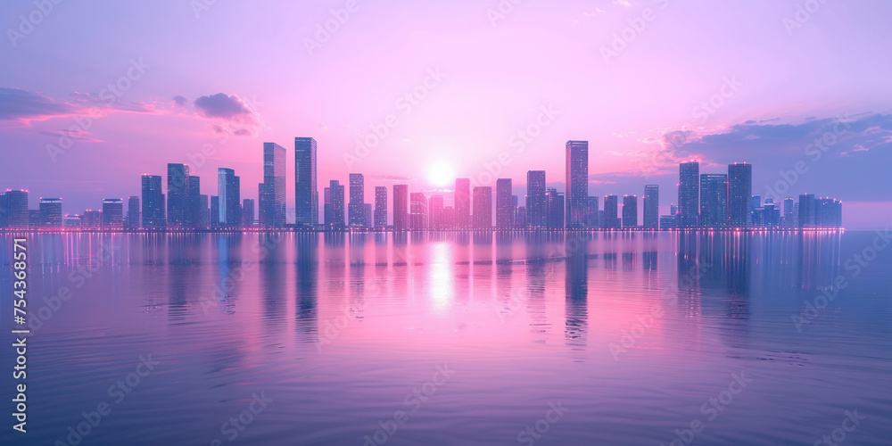 Cityscape Reflection at Sunrise Urban Skyline Mirrored in Water as Sun Ascends in Morning Sky