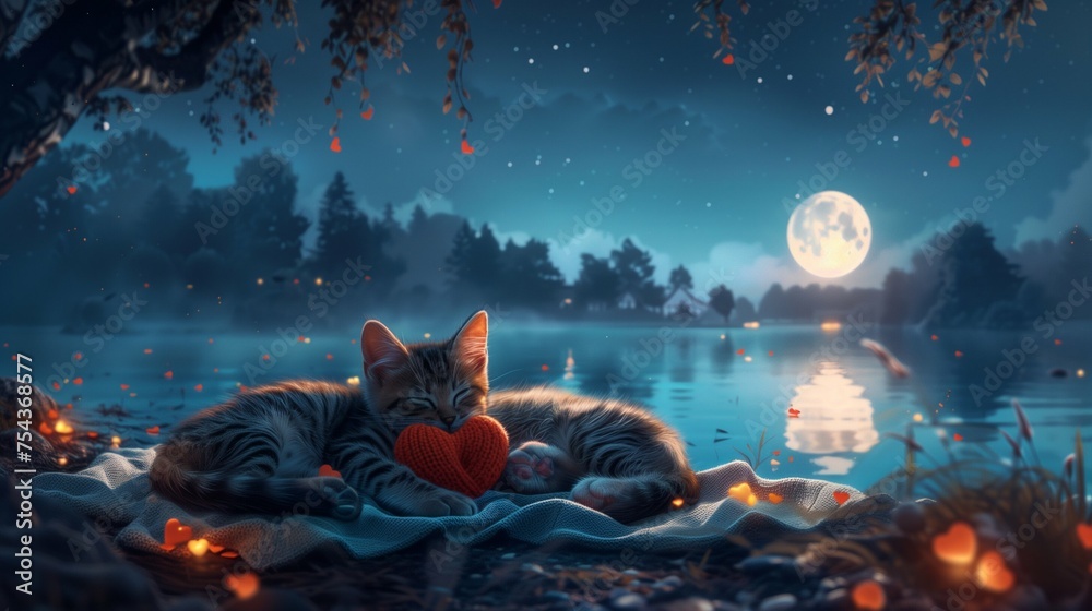 Transport yourself to a starry night by a tranquil lake, where a striped cat and a charming puppy lie on a blanket under the twinkling sky, holding knitted red hearts between their paws.

 - obrazy, fototapety, plakaty 