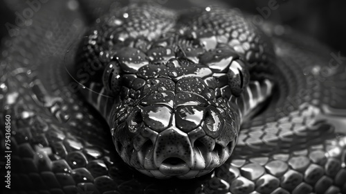 A close-up black and white photograph captures the intricate scales of a python adorned with glistening water droplets. photo