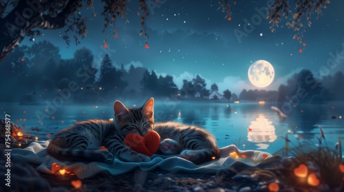 Transport yourself to a starry night by a tranquil lake, where a striped cat and a charming puppy lie on a blanket under the twinkling sky, holding knitted red hearts between their paws.