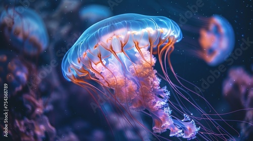 Vibrant jellyfish effortlessly gliding through the deep blue sea, with delicate tentacles trailing behind. © Sodapeaw