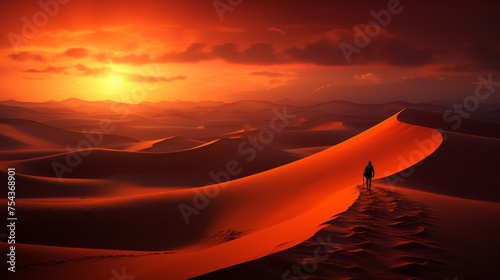 A breathtaking desert sunset casting warm hues across the vast dunes  a lone traveler standing atop a sand ridge  silhouetted against the fading light