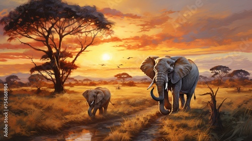 A breathtaking painting depicting a family of majestic elephants traversing the vast savannah at dusk, golden sunlight casting long shadows © malik