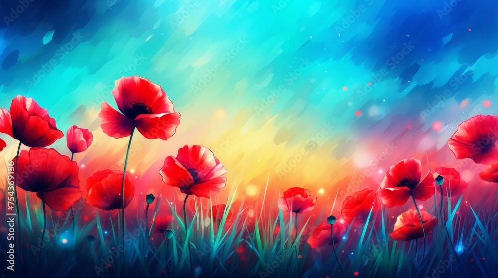Obraz premium Vibrant watercolor illustration of beautiful blooming poppies on a colorful and cheerful background