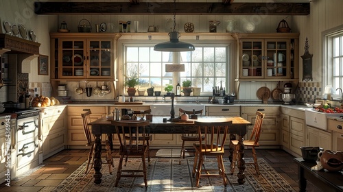 Sun-drenched rustic country kitchen with traditional wooden furniture and charming vintage accents, creating a cozy culinary space. © Sodapeaw
