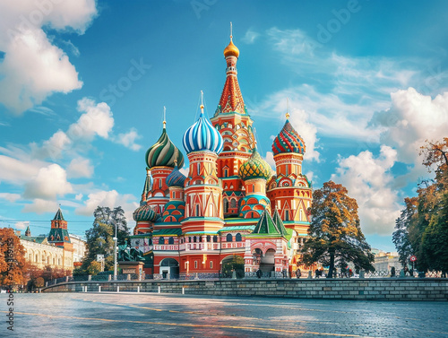 Iconic St. Basil's Cathedral in Moscow, featuring vibrant colors and intricate architecture under blue skies. photo