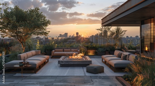 Modern rooftop terrace featuring comfortable lounge seating  a fire pit  and a captivating city skyline view at sunset.