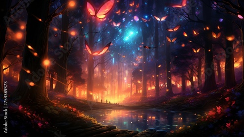 A captivating forest scene at twilight, the sky ablaze with vibrant hues of orange and purple, silhouettes of trees against the colorful backdrop, fireflies dancing in the air