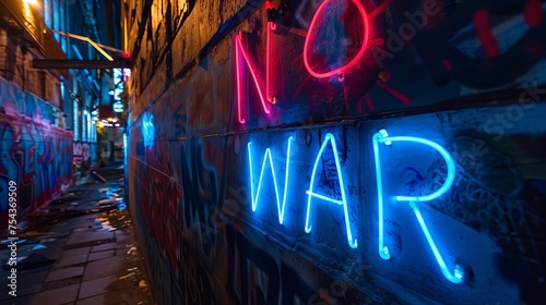 Graffiti on the wall and neon text "NO WAR"