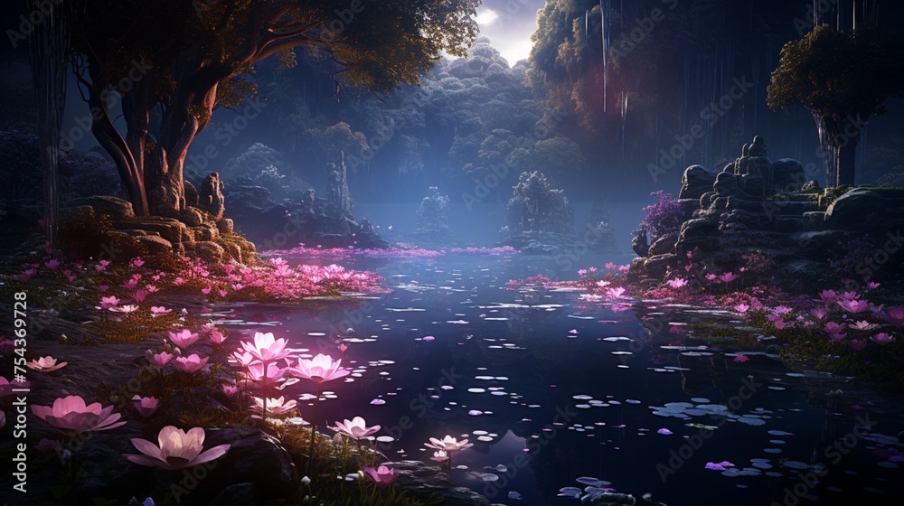 A captivating landscape merging the realms of nature and fantasy, where an ancient forest meets a shimmering lake, the surface reflecting a starry sky