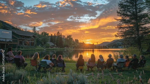 A serene evening scene at a wellness retreat, where participants are attending a seminar on vitamins and supplements essential for mental health.