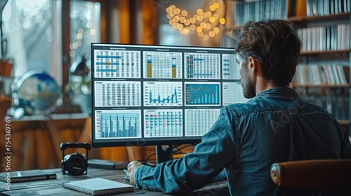 Man employed professional analyzing accounting requirements, with legal texts and financial charts displayed on a large monitor, while taking notes on a ledger. Generative AI.