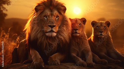 A captivating photograph capturing a pride of lions basking in the golden glow of the setting sun on the African plains  their powerful silhouettes exuding strength and unity