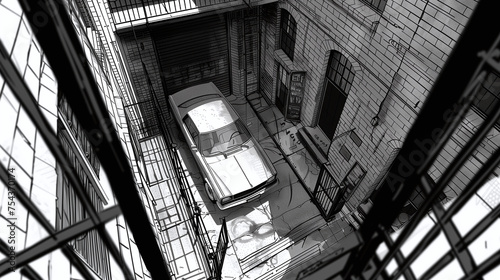 Top shot of a car in a in a garage, black and white