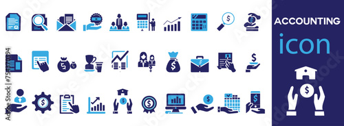 Accounting icon set. Containing financial statement, accountant, financial audit, invoice, tax calculator, business firm, tax return, income and balance sheet icons. Solid icon collection. flat vector